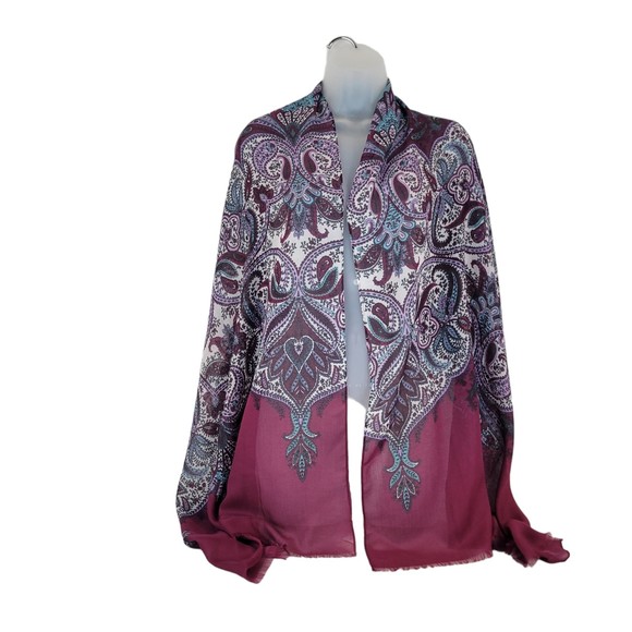 Talbots Scarf Wrap Shawl 26" x 72" Womens Paisley Purple Multicolor w/Fringe NWT - Picture 2 of 6